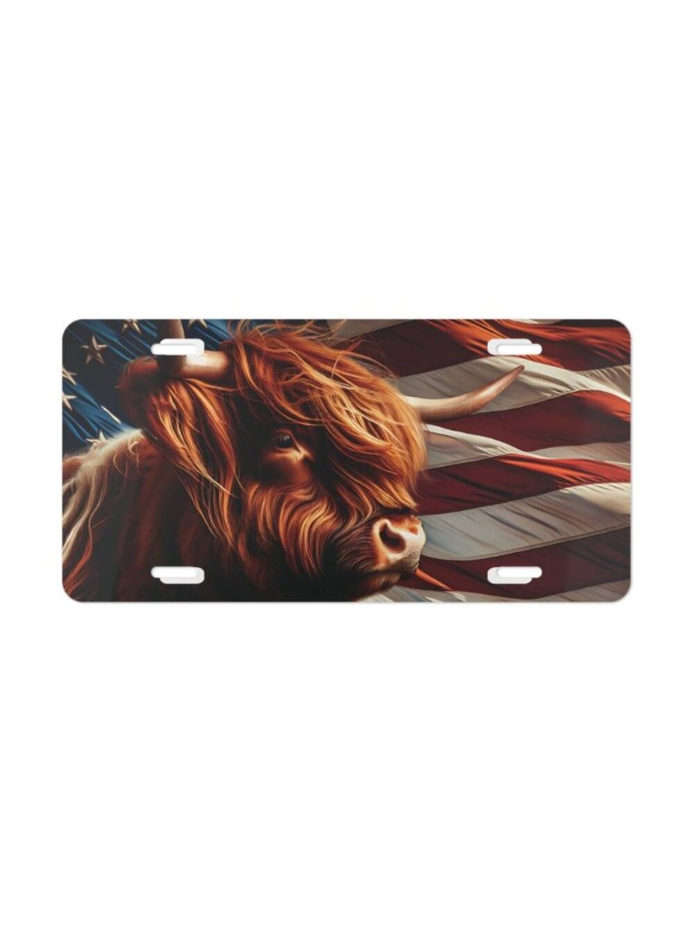 Patriotic Highland Cow License Plate Aluminum Vanity Tag Custom Car Decor